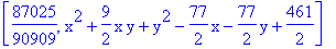 [87025/90909, x^2+9/2*x*y+y^2-77/2*x-77/2*y+461/2]